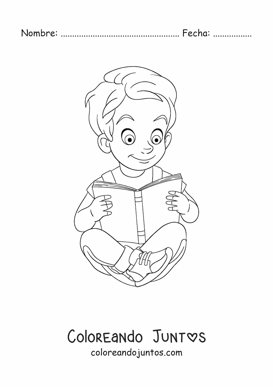 Imagen para colorear de un niño sentado leyendo un libro