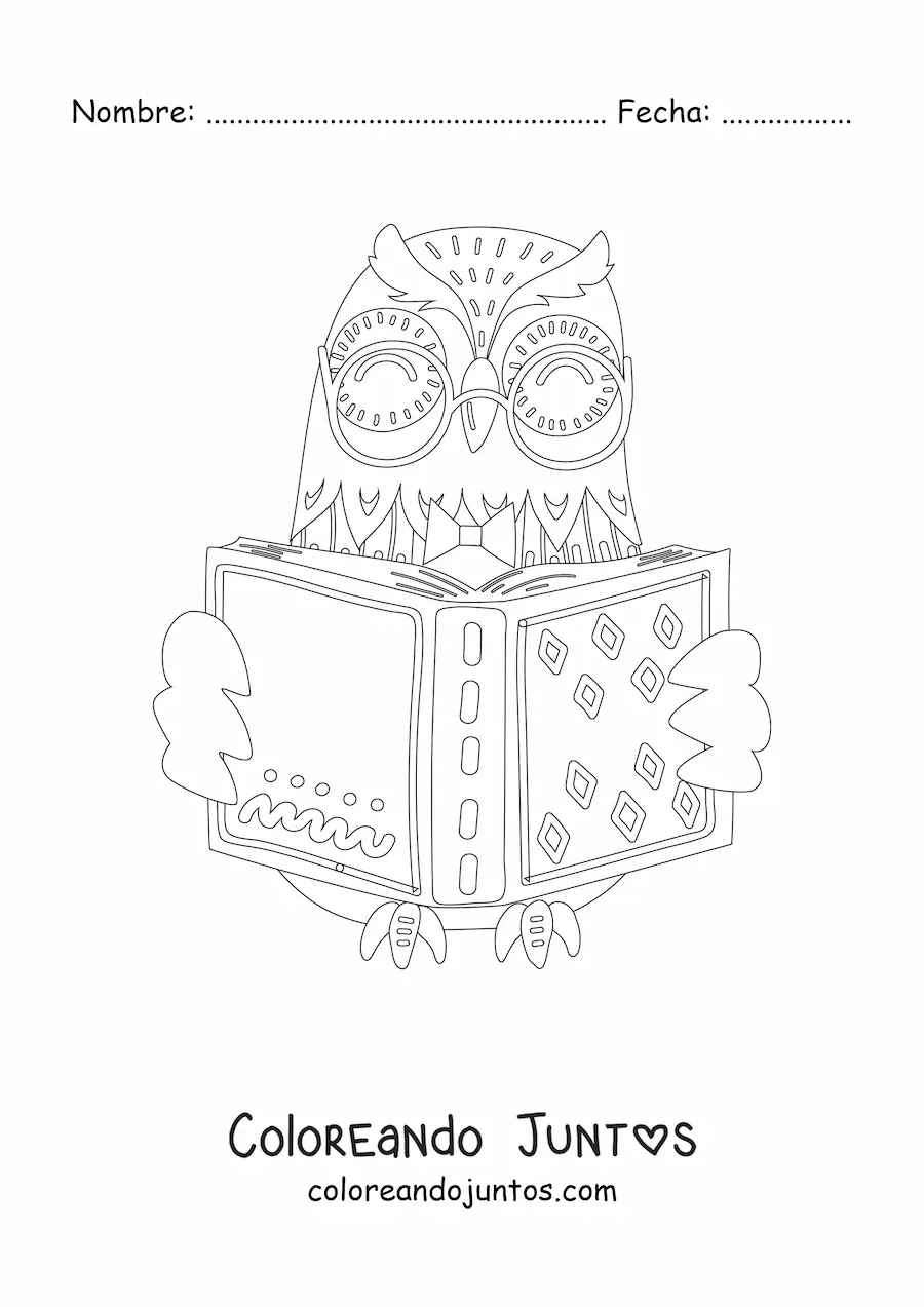 Imagen para colorear de un búho animado leyendo un libro