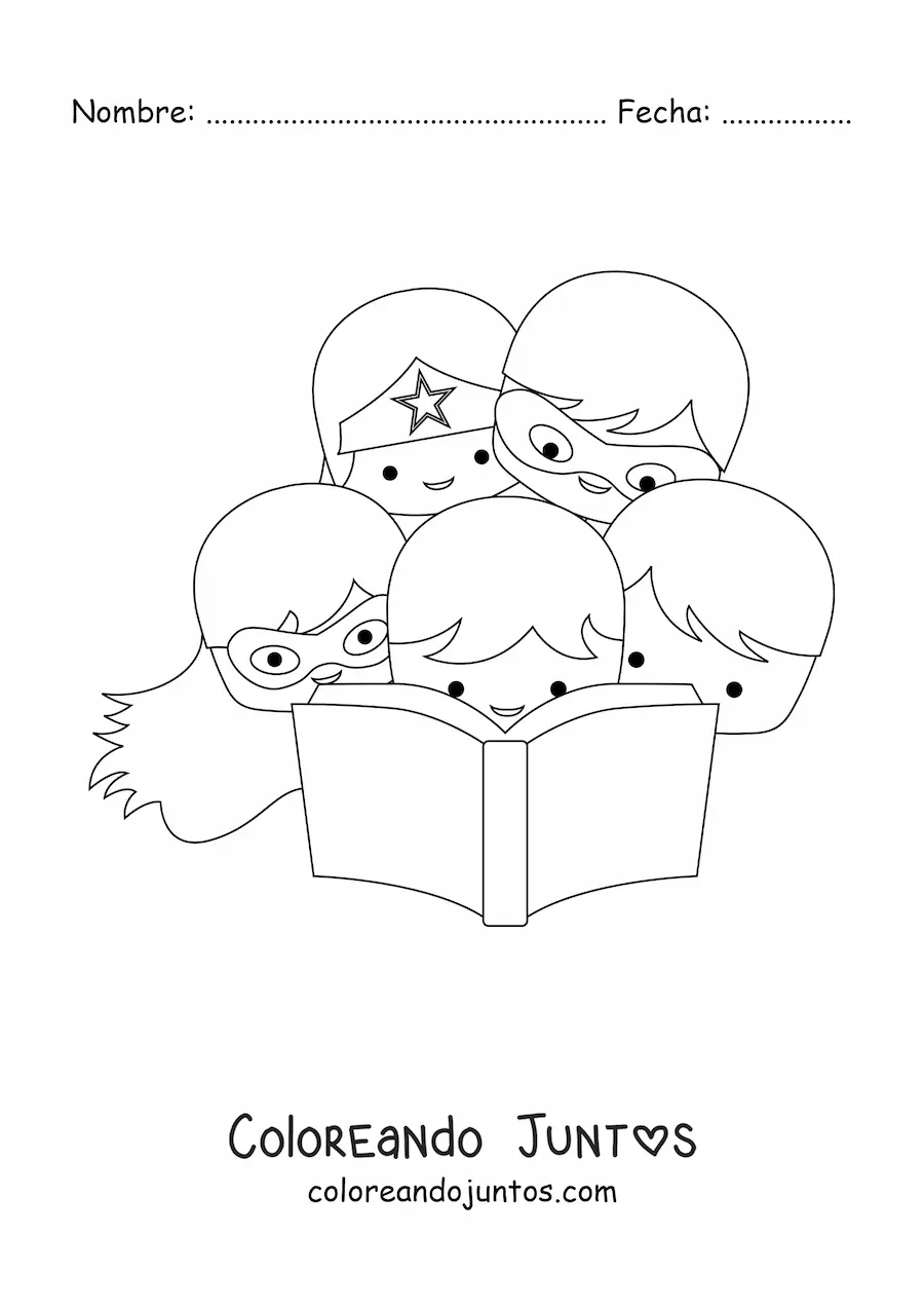 Imagen para colorear de varios niños superheroes leyendo un libro juntos