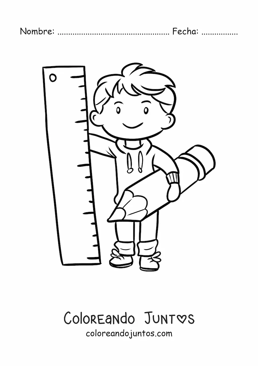 Imagen para colorear de un niño kawaii sujetando un lápiz y una regla gigante
