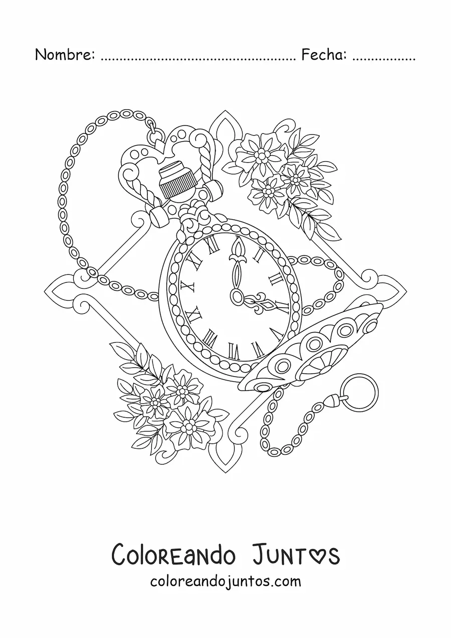 Imagen para colorear de un reloj antiguo bonito marcando la hora