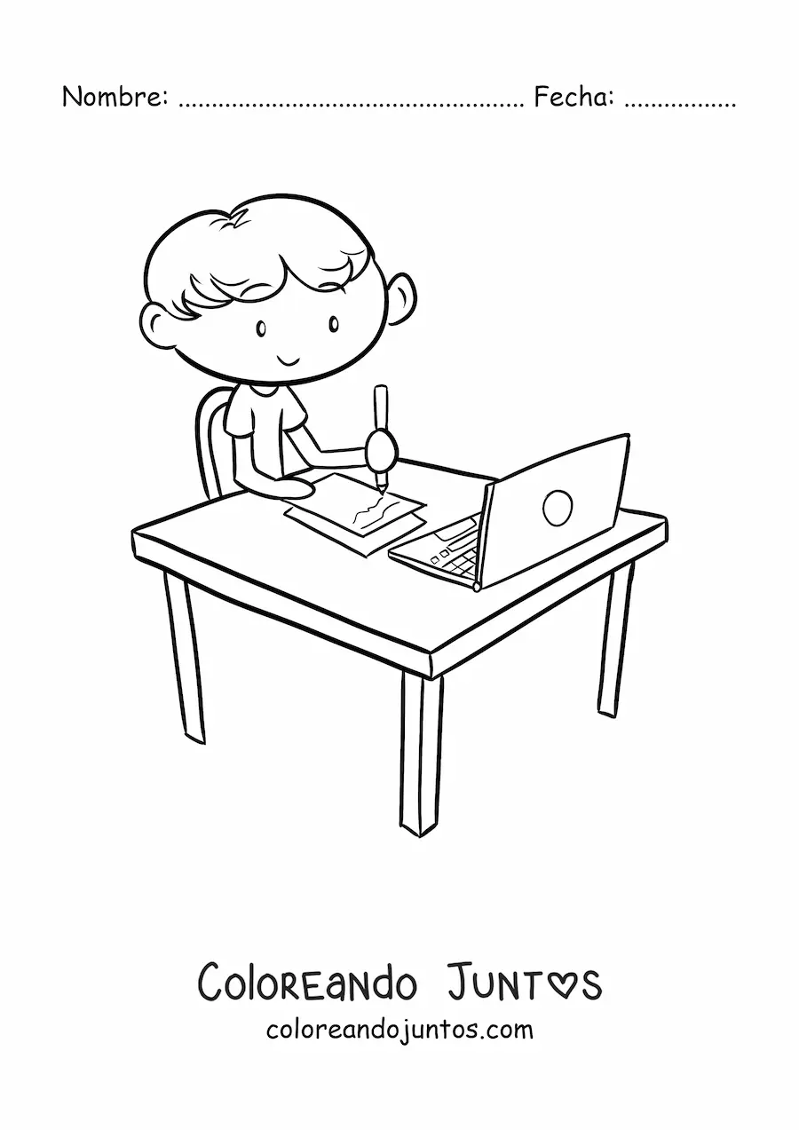 Imagen para colorear de un niño haciendo la tarea en una mesa
