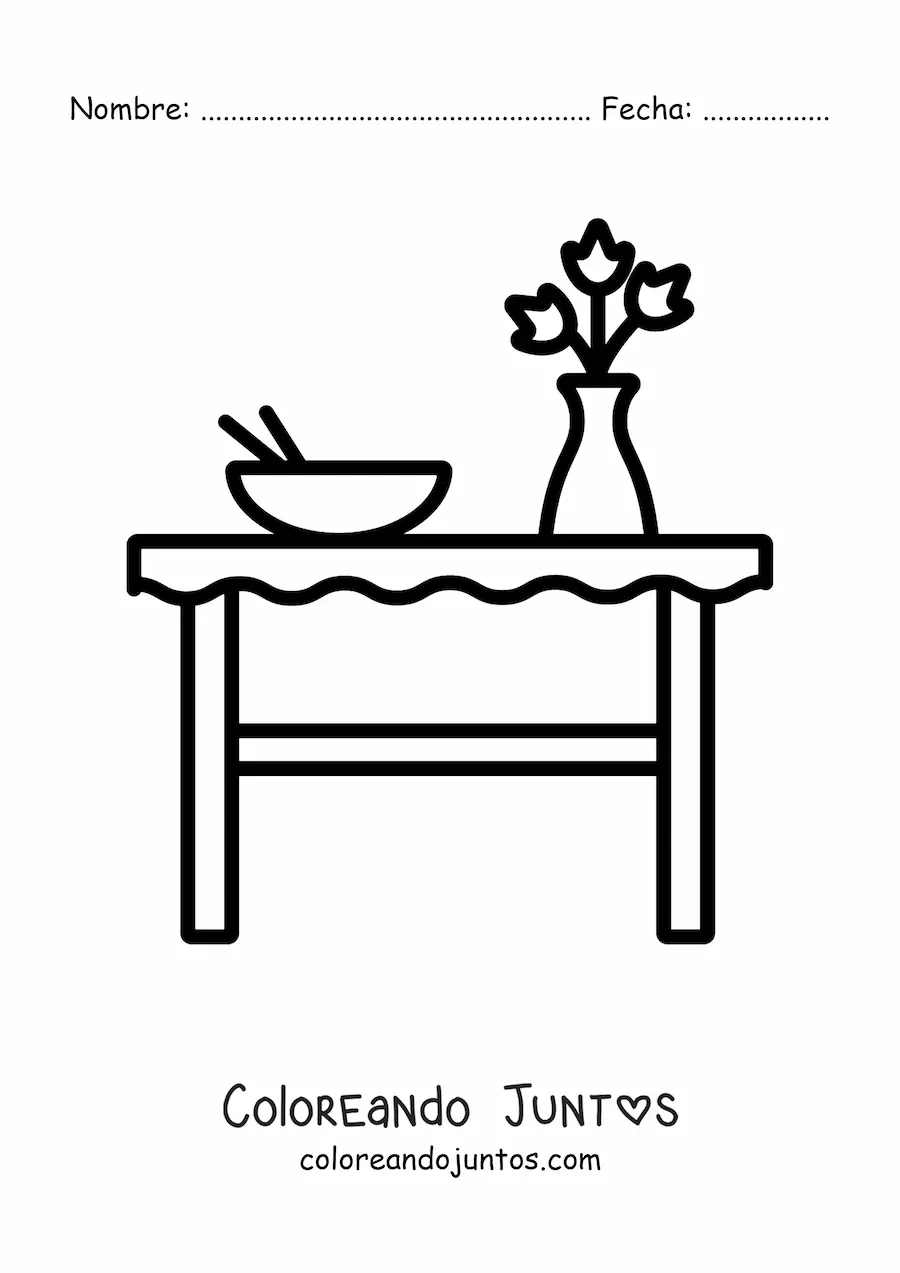 Imagen para colorear de una mesa con un florero y un plato