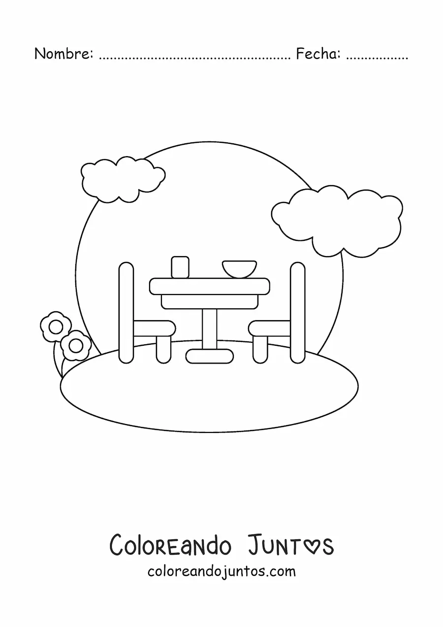 Imagen para colorear de una mesa con sillas en un jardín