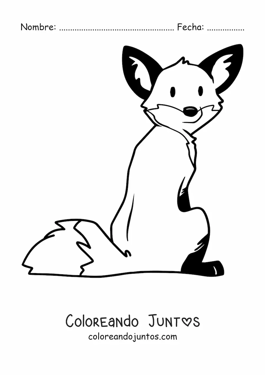 Imagen para colorear de un zorro animado sentado de espaldas con la cabeza girada hacia atrás