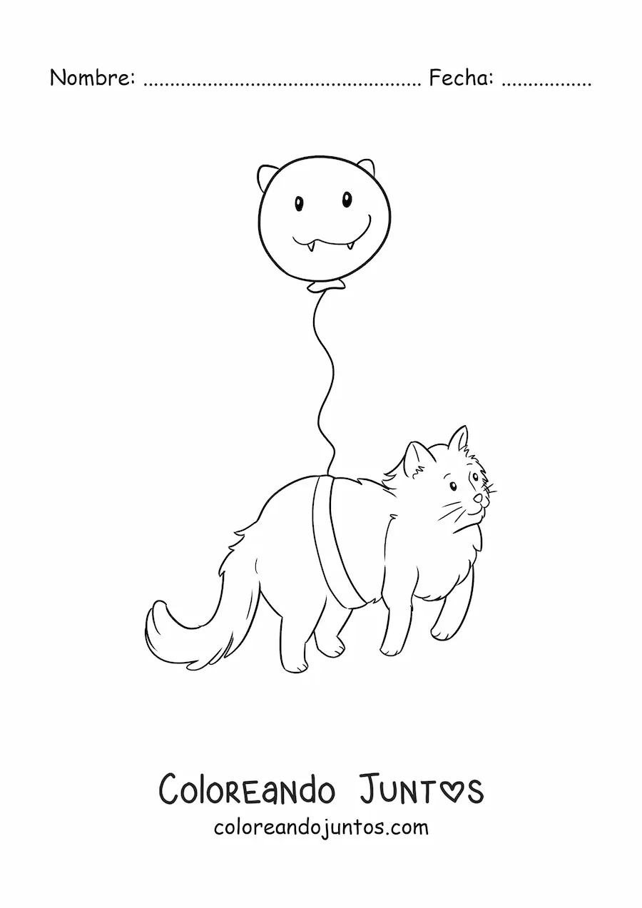 Imagen para colorear de un gato kawaii amarrado a un globo