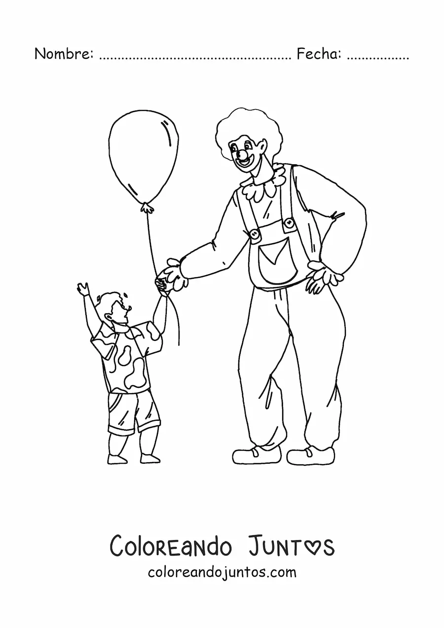 Imagen para colorear de un payaso entregándole un globo a un niño