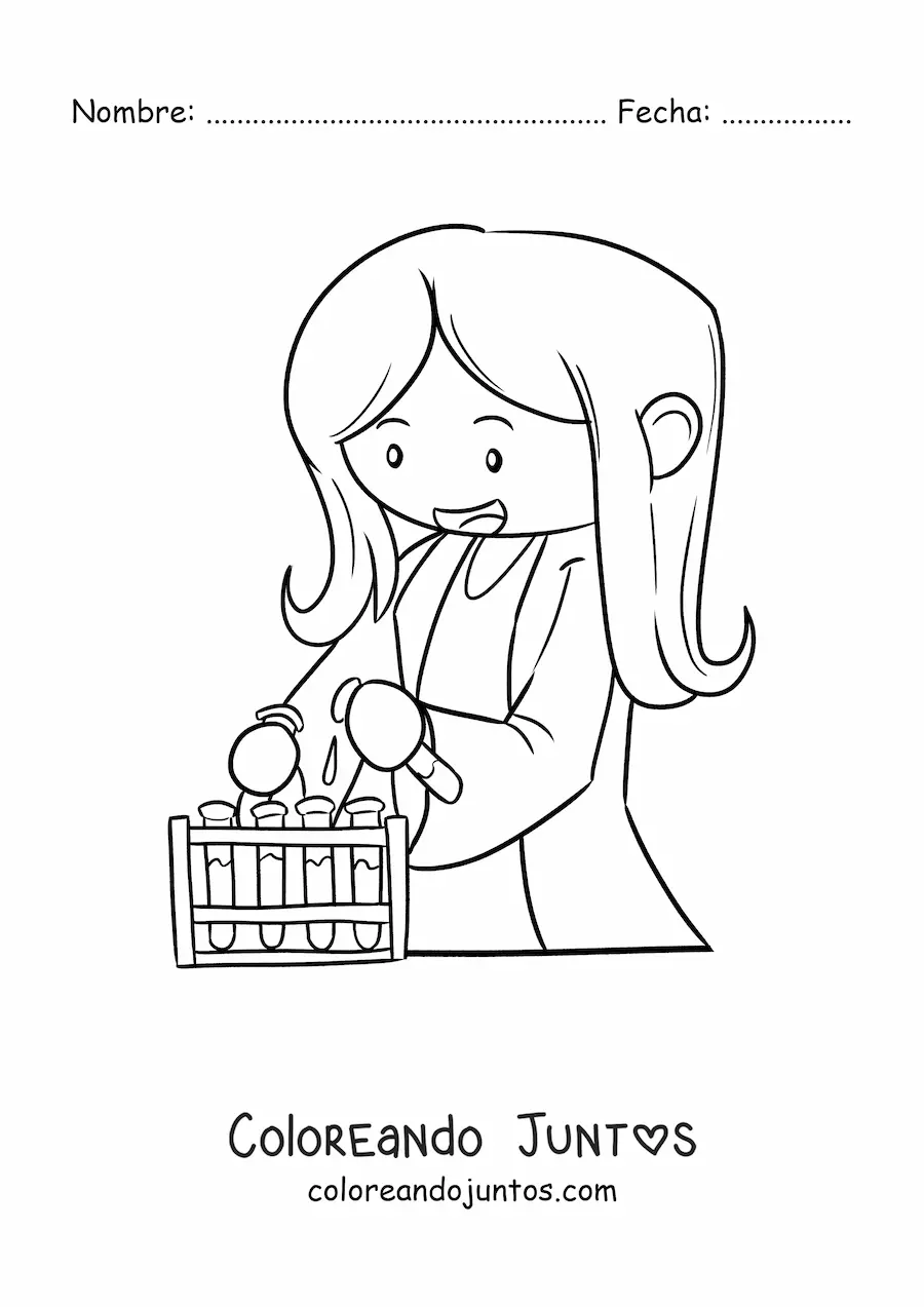 Imagen para colorear de una mujer científico kawaii animada