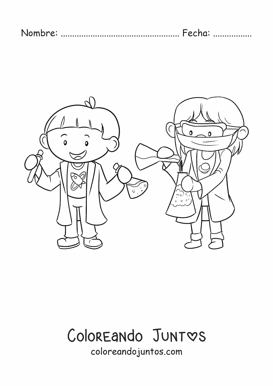 Imagen para colorear de dos científicos kawaii animados