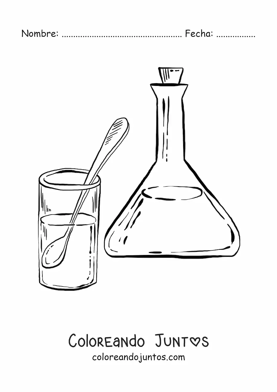 Imagen para colorear de un matraz y un vaso con soluciones químicas