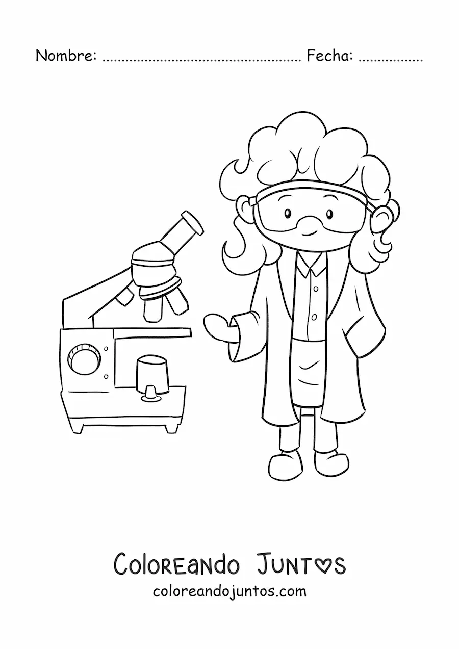Imagen para colorear de un científico kawaii con microscopio