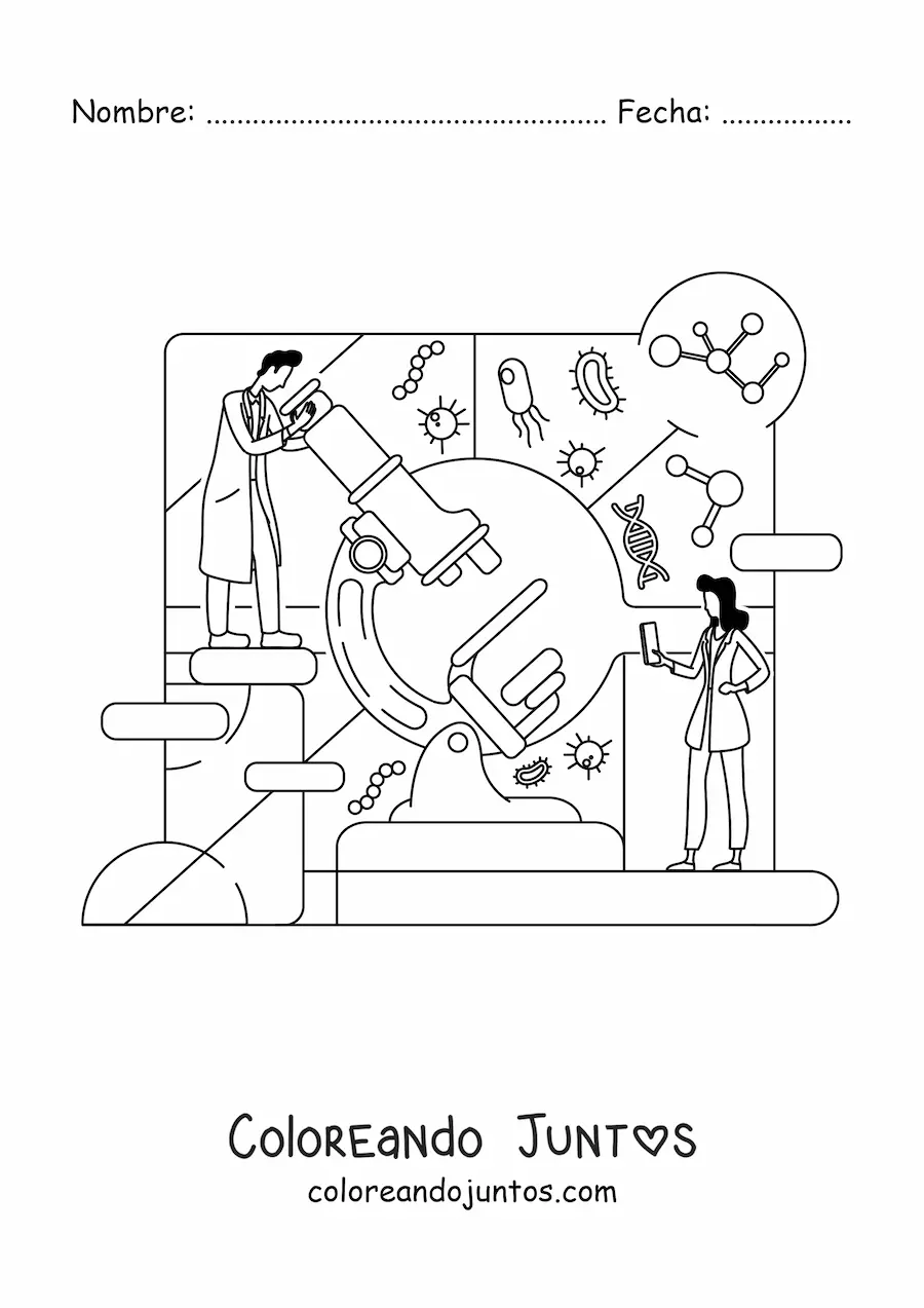 Imagen para colorear de dos científicos y un microscopio