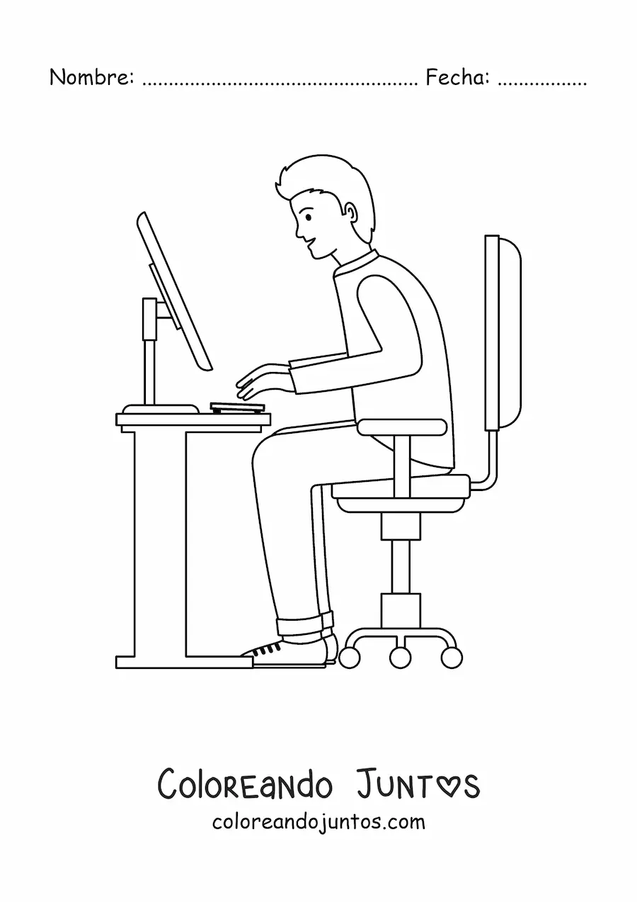 Imagen para colorear de un hombre sentado en un escritorio con una computadora moderna