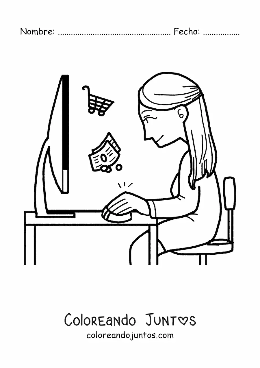 Imagen para colorear de una mujer comprando por internet en la computadora