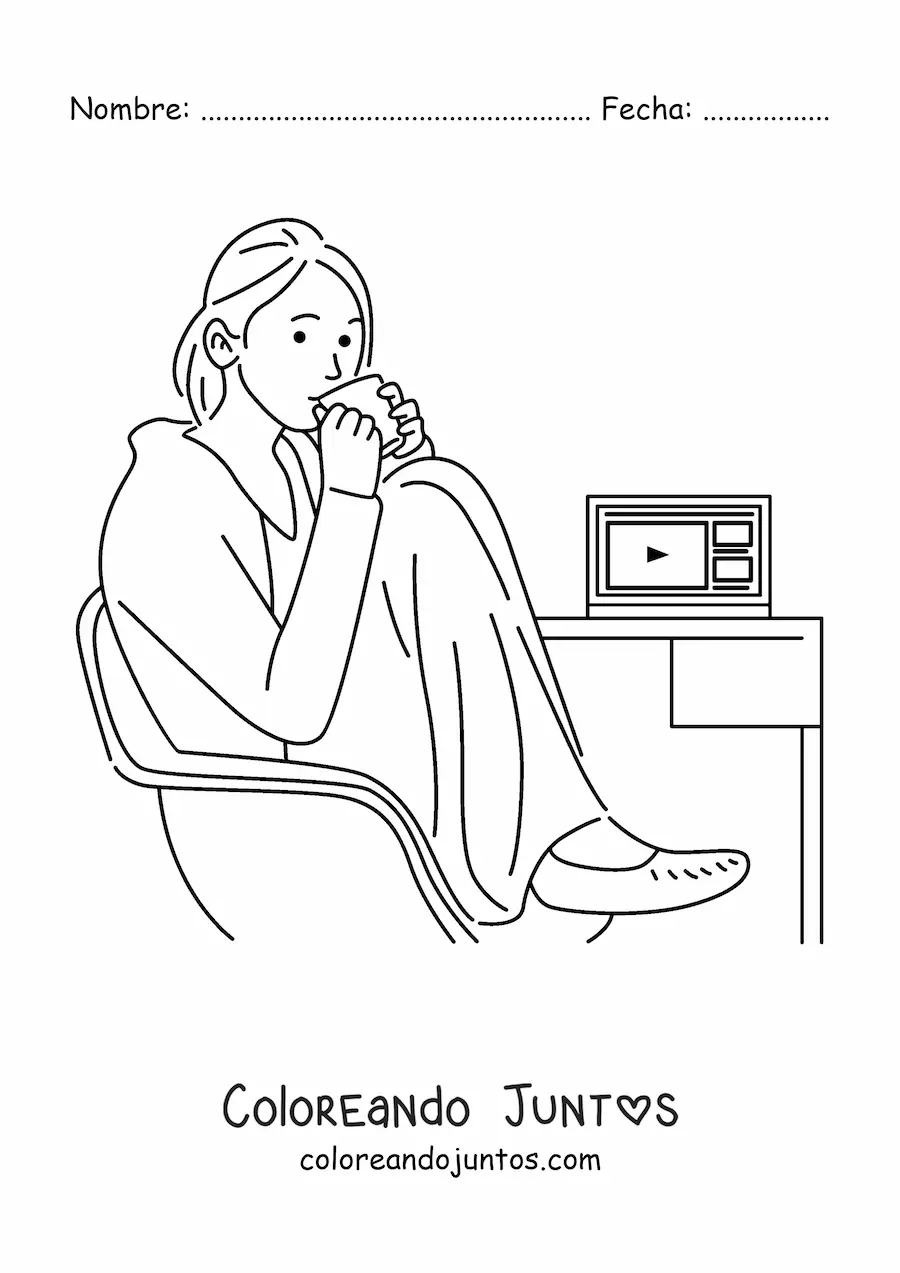 Imagen para colorear de una mujer sentada junto a un escritorio con una laptop