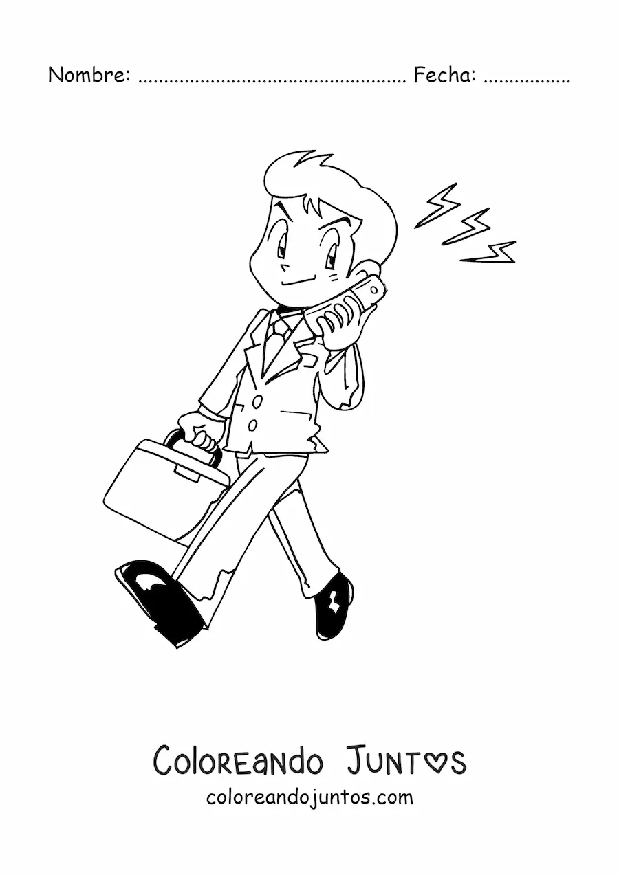 Imagen para colorear de un hombre con traje y maletín hablando por un teléfono antiguo