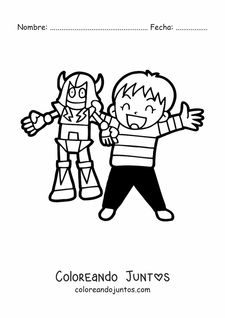 Imagen para colorear de un niño con un robot de juguete