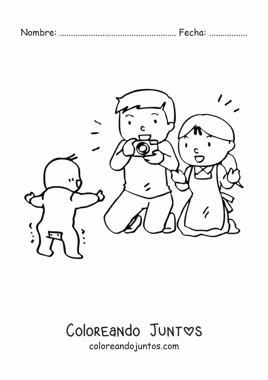 Imagen para colorear de dos padres tomando una foto a su bebé