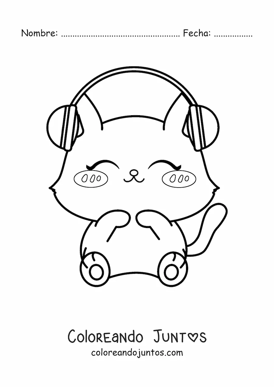 Imagen para colorear de un gato kawaii escuchando música