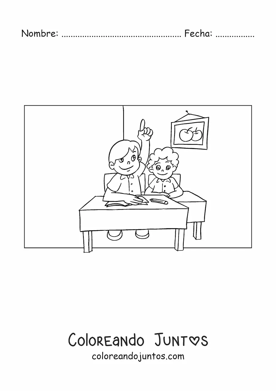 Imagen para colorear de un alumno levantando la mano en el salón de primaria