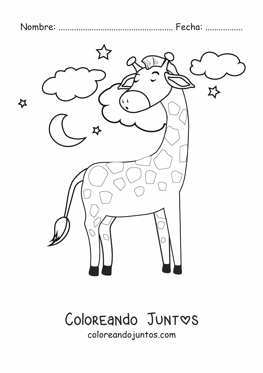 Imagen para colorear de una jirafa animada durmiendo de pie junto a la luna y unas nubes