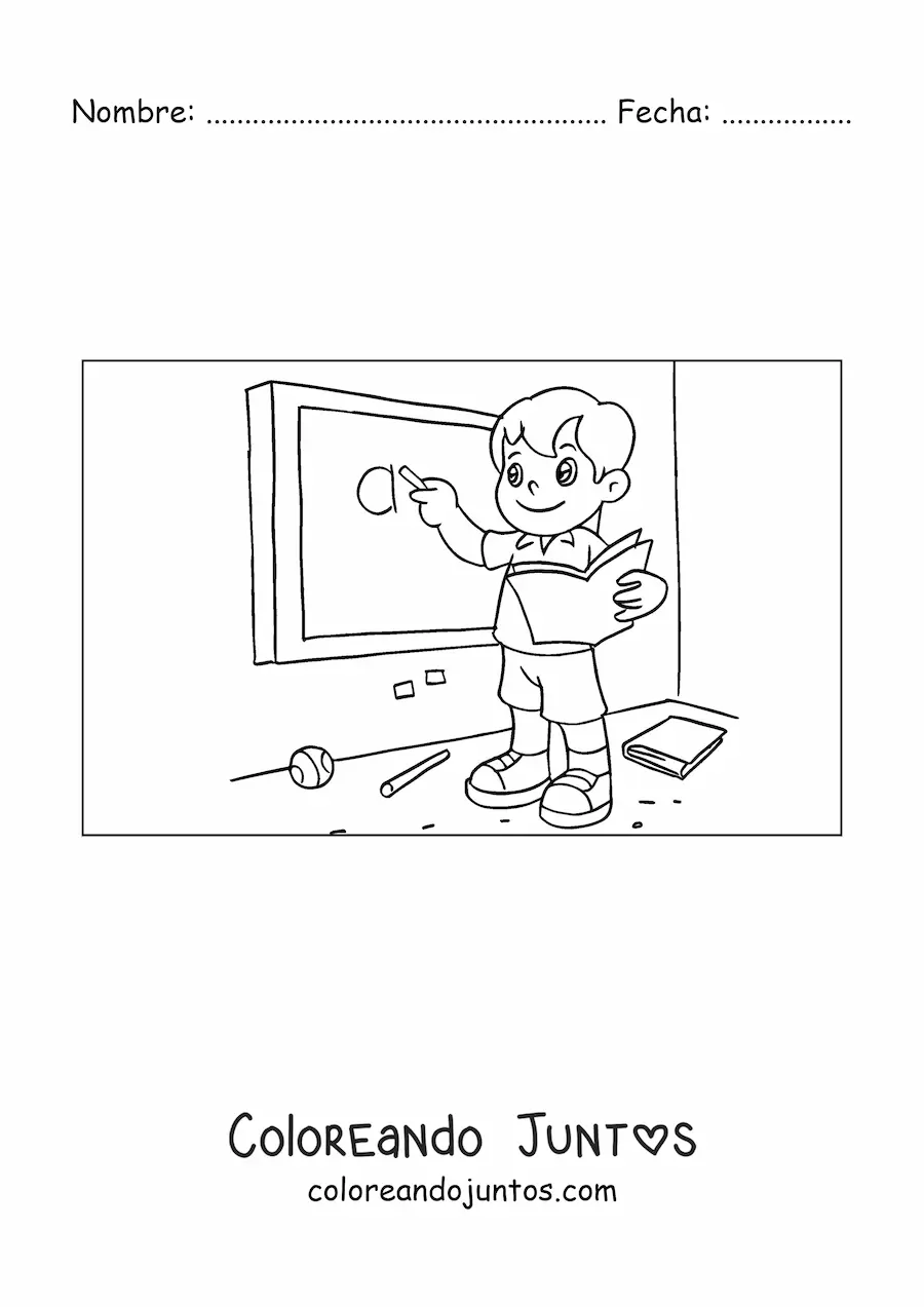 Imagen para colorear de un niño escribiendo en la pizarra