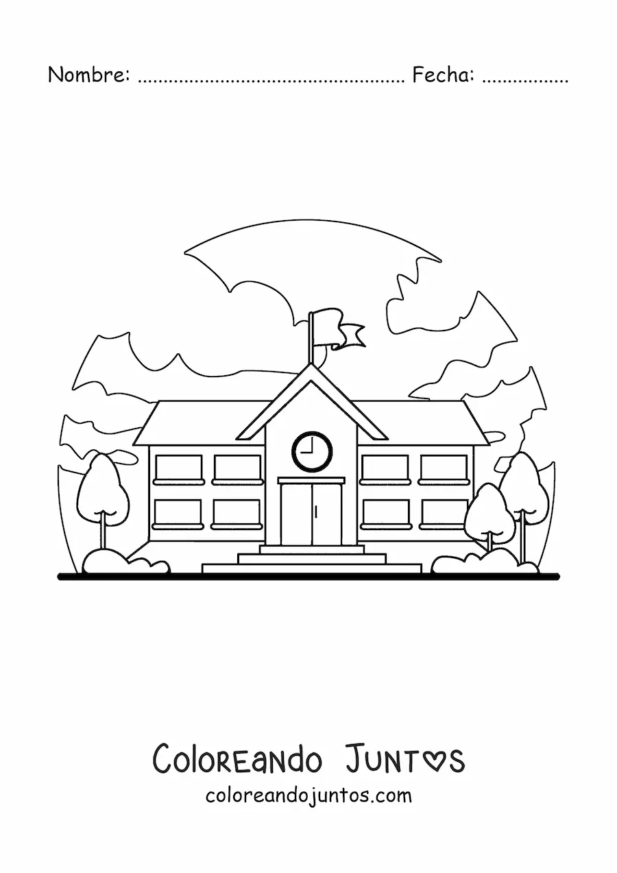 Imagen para colorear de una escuela con paisaje