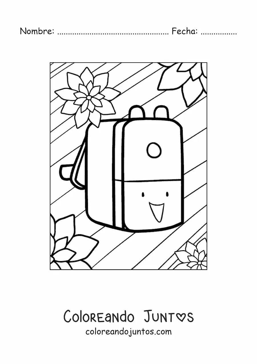 Imagen para colorear de una mochila escolar kawaii con flores