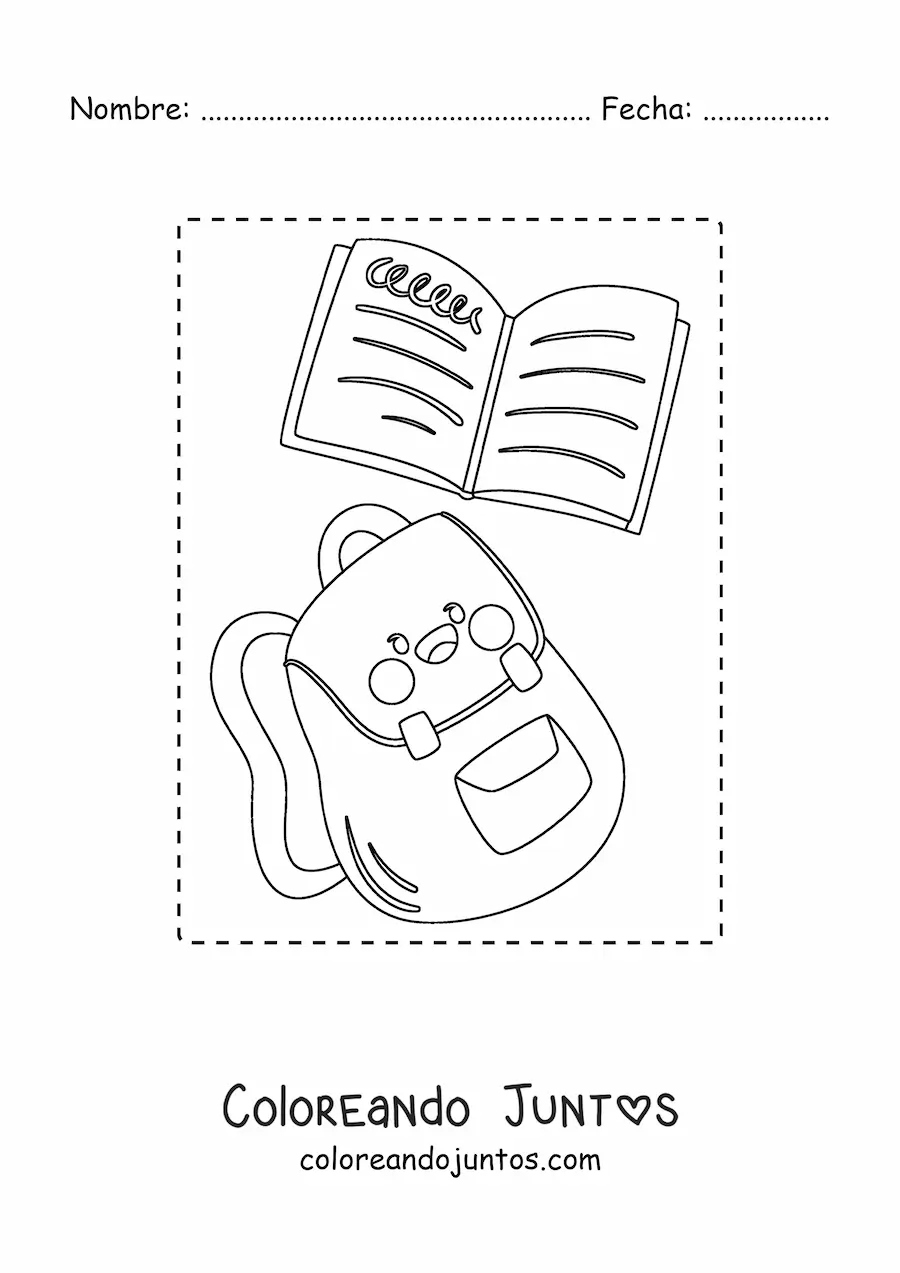 Imagen para colorear de una mochila escolar kawaii con un cuaderno