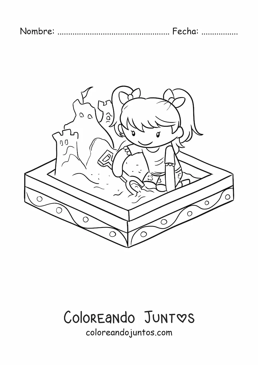 Imagen para colorear de una niña jugando en la caja de arena