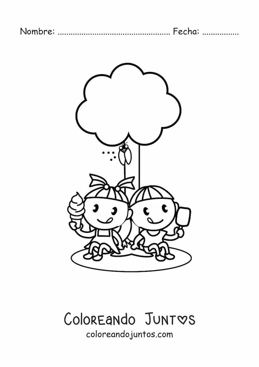 Imagen para colorear de dos niños kawaii comiendo helado en un parque
