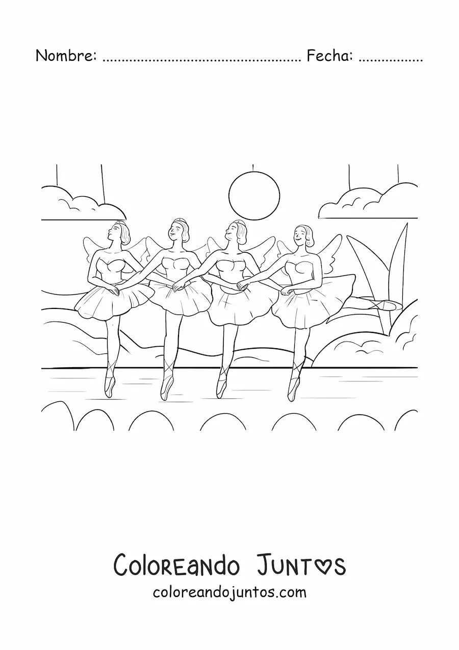 Imagen para colorear de un conjunto de bailarinas en el escenario