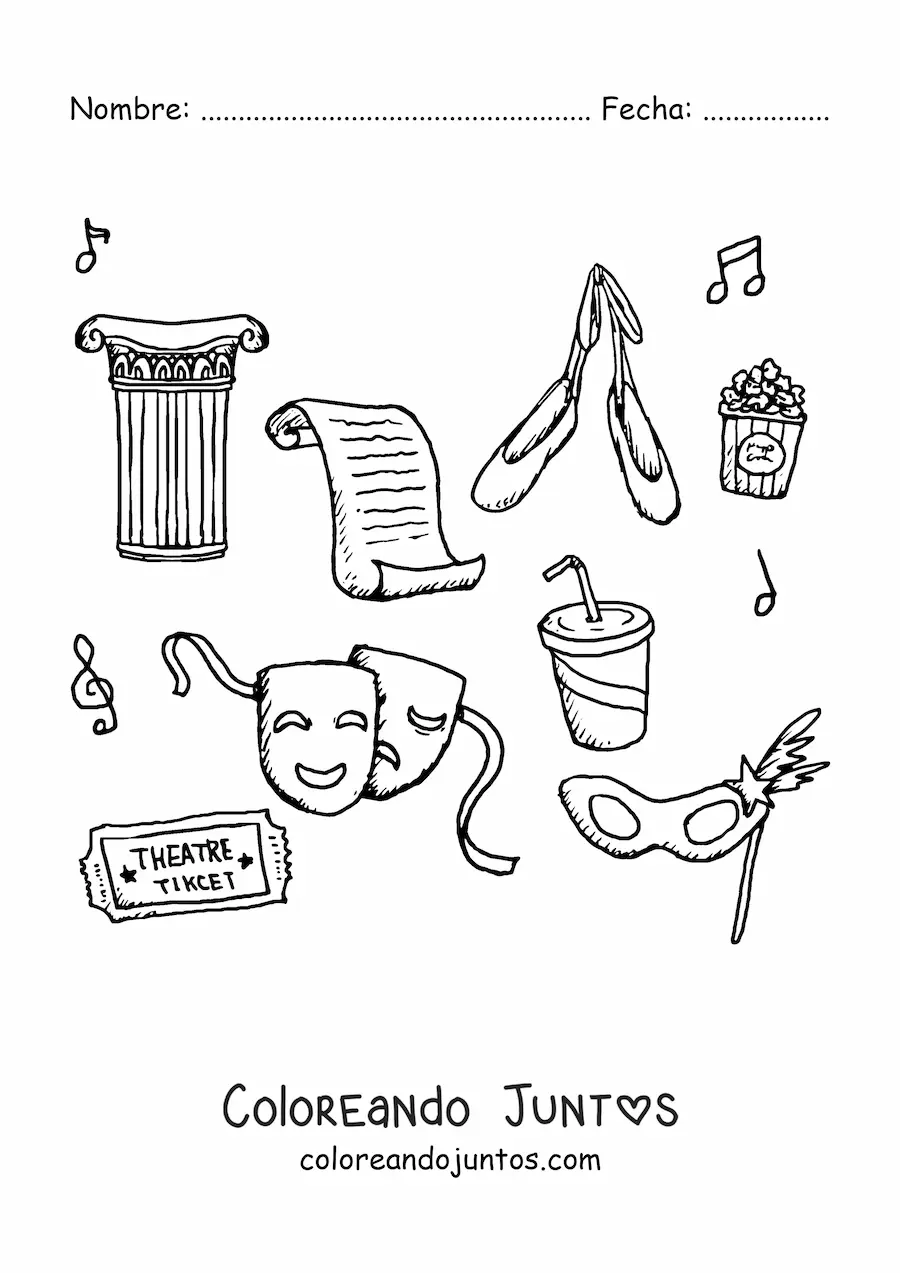 Imagen para colorear de los elementos y símbolos del teatro
