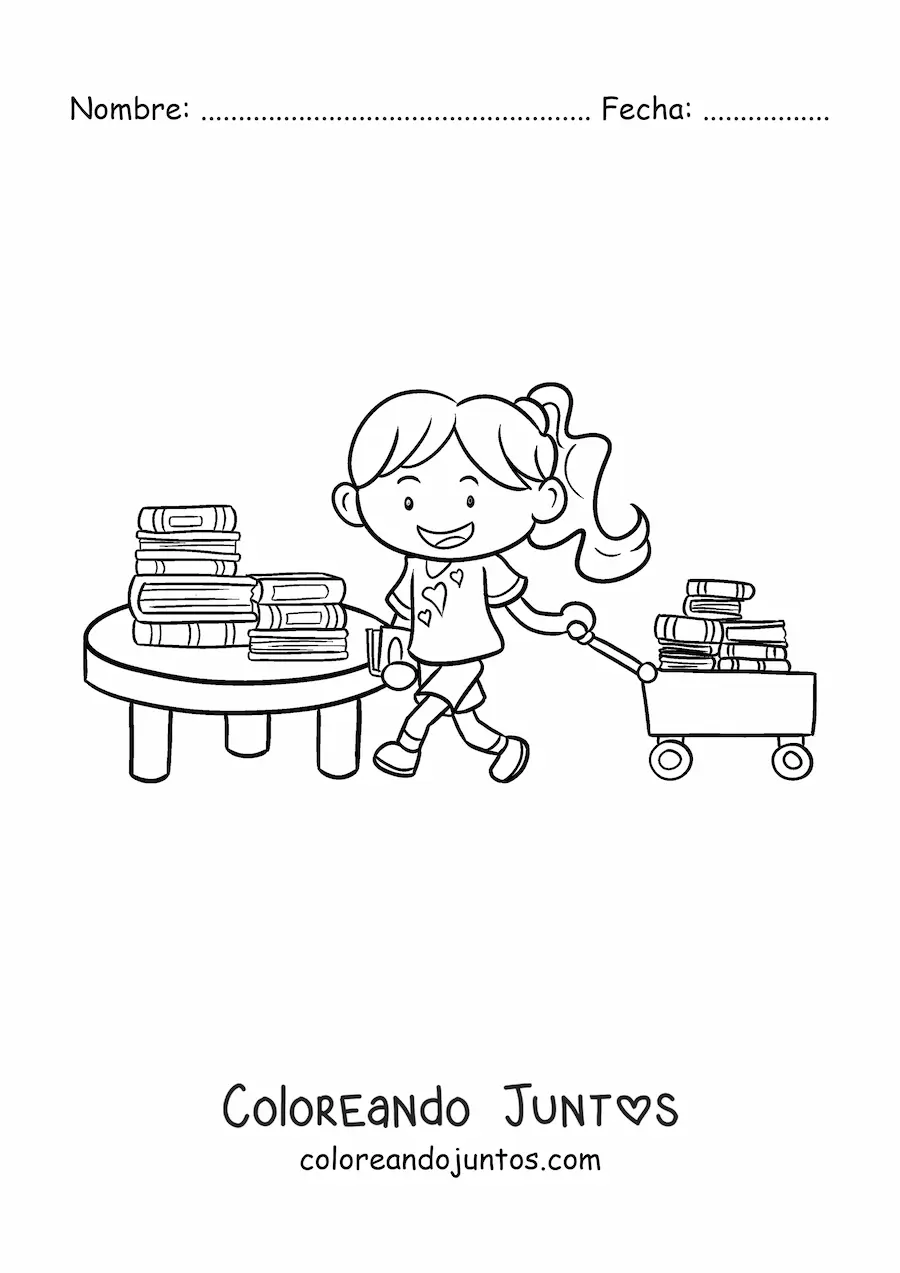 Imagen para colorear de una niña con libros en la biblioteca