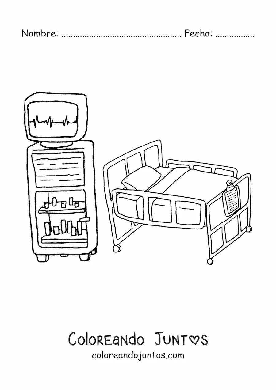 Imagen para colorear de una cama de hospital y equipo médico
