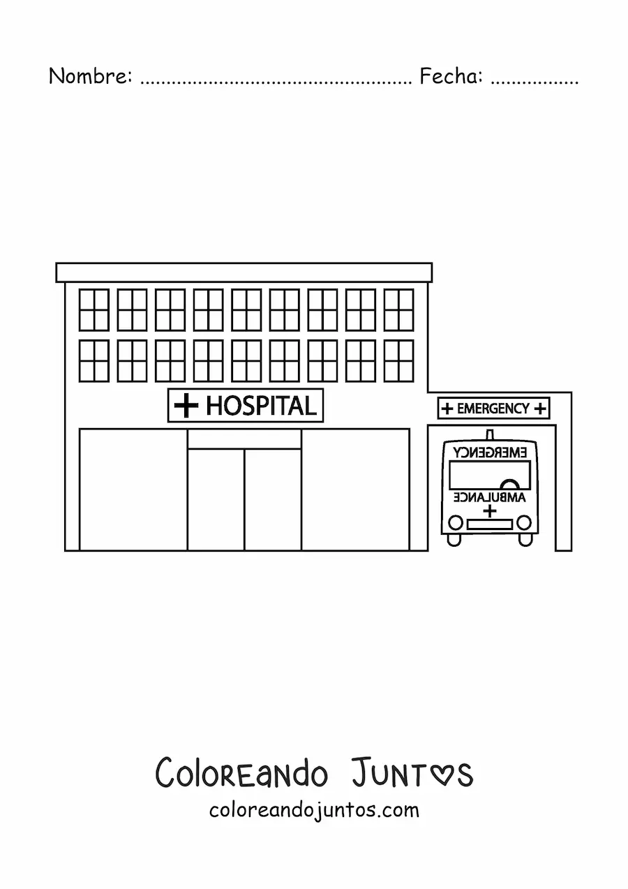 Imagen para colorear de un hospital y una ambulancia estacionada