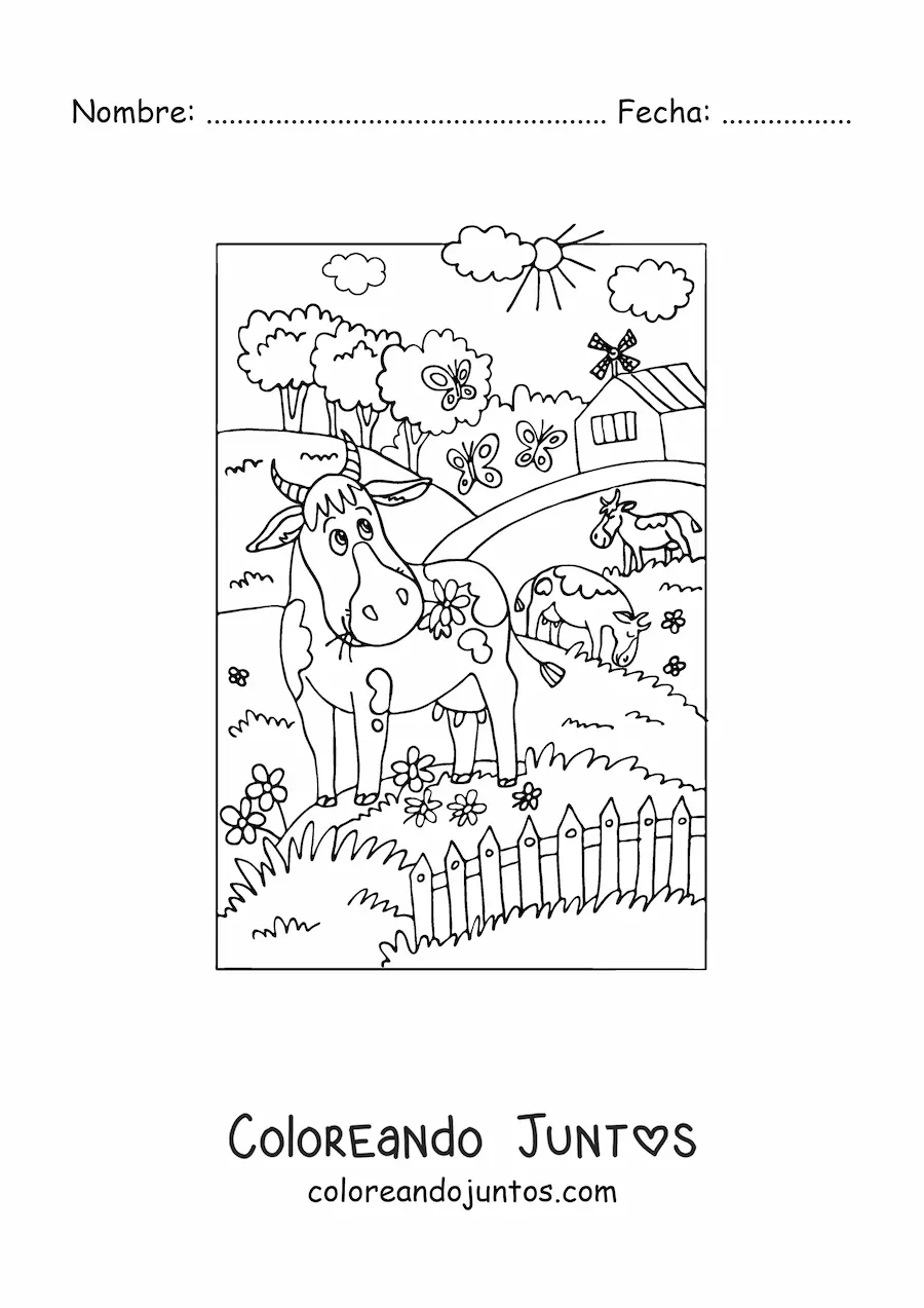 Imagen para colorear de varias vacas animadas pastando en la granja