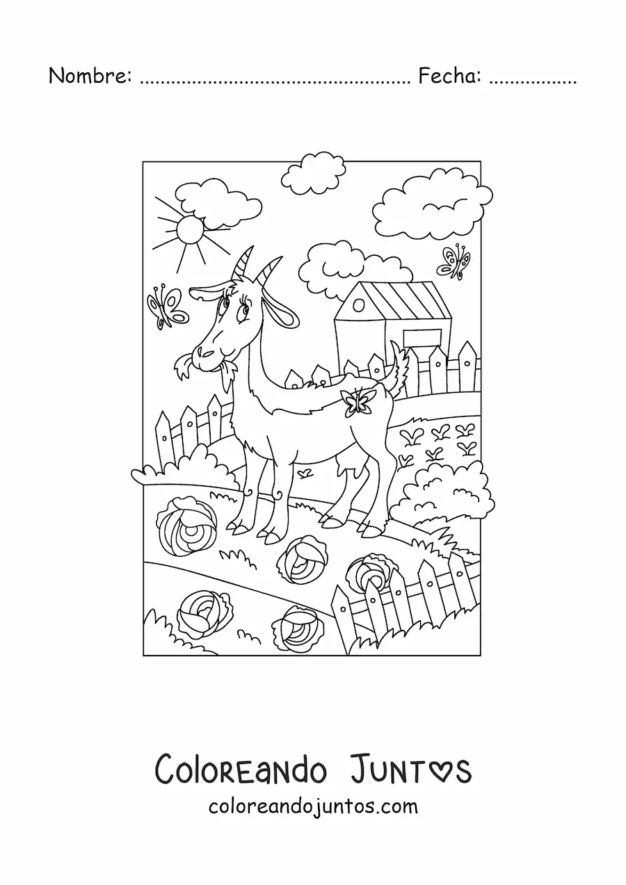 Imagen para colorear de una cabra animada pastando en la granja