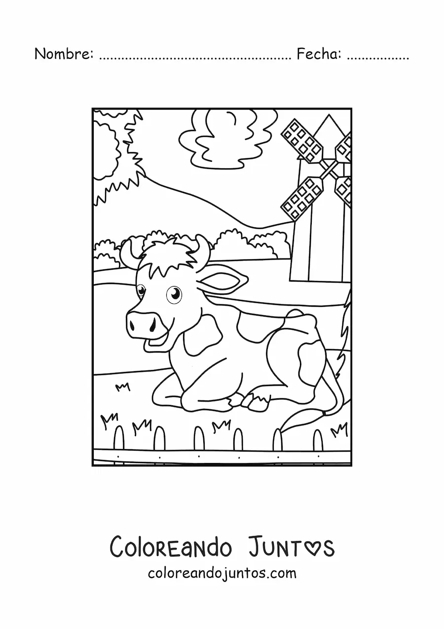 Imagen para colorear de una vaca animada en la granja