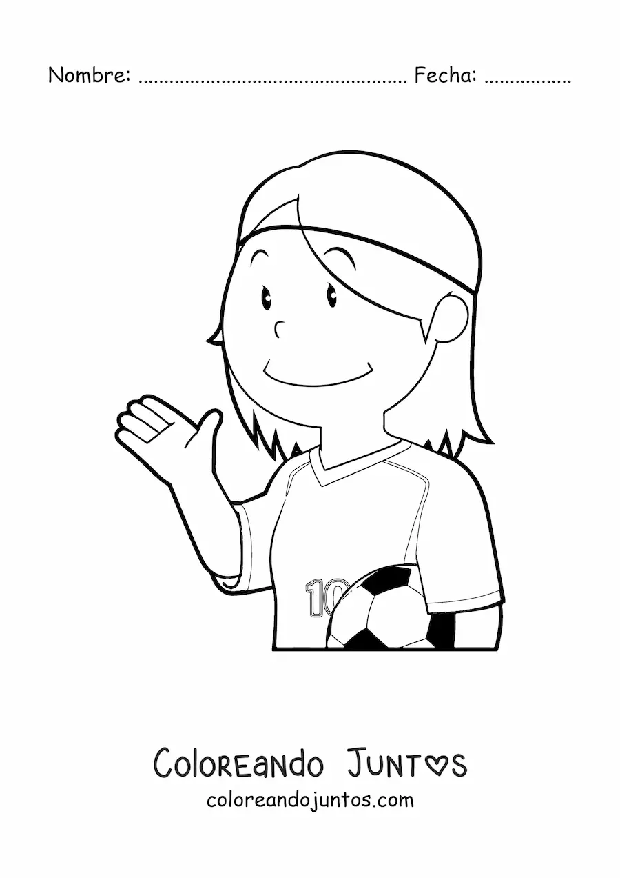 Imagen para colorear de una chica futbolista saludando