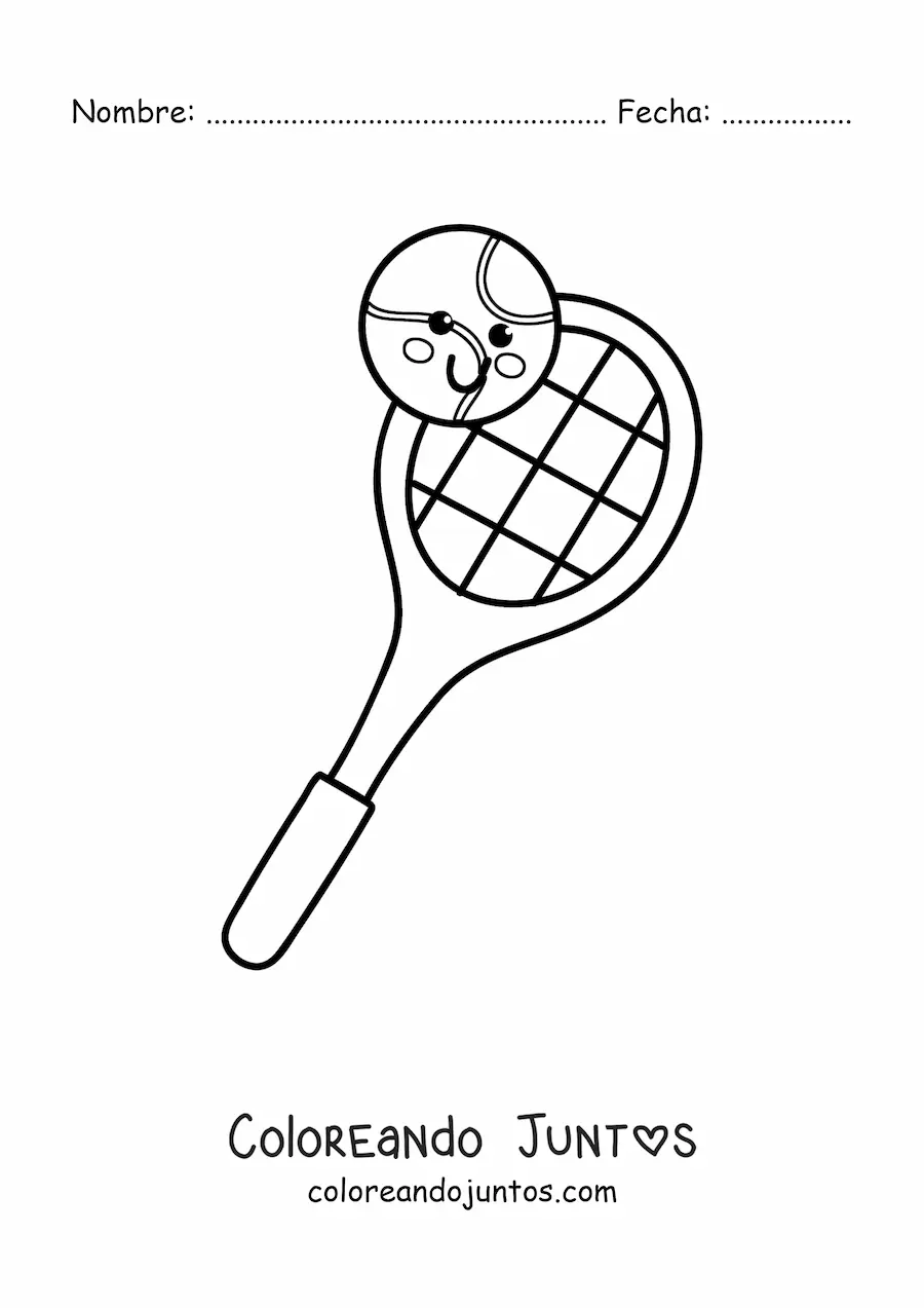 Imagen para colorear de una raqueta y una pelota de tenis kawaii
