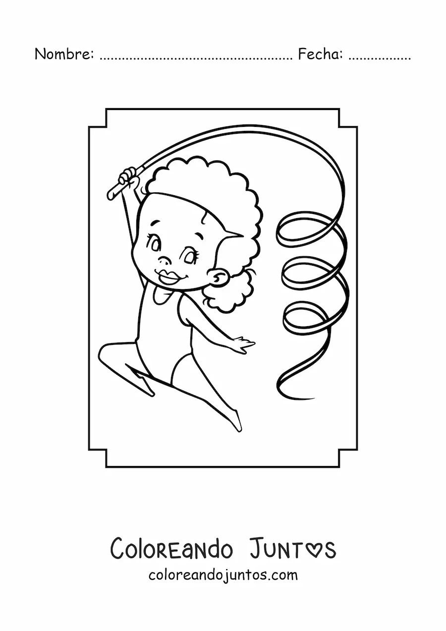 Imagen para colorear de una niña gimnasta kawaii con una cinta