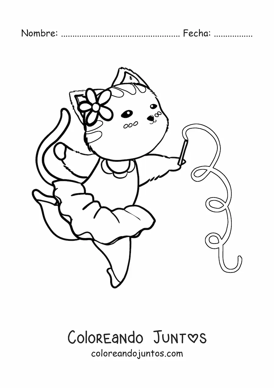 Imagen para colorear de un gato animado haciendo gimnasia rítmica
