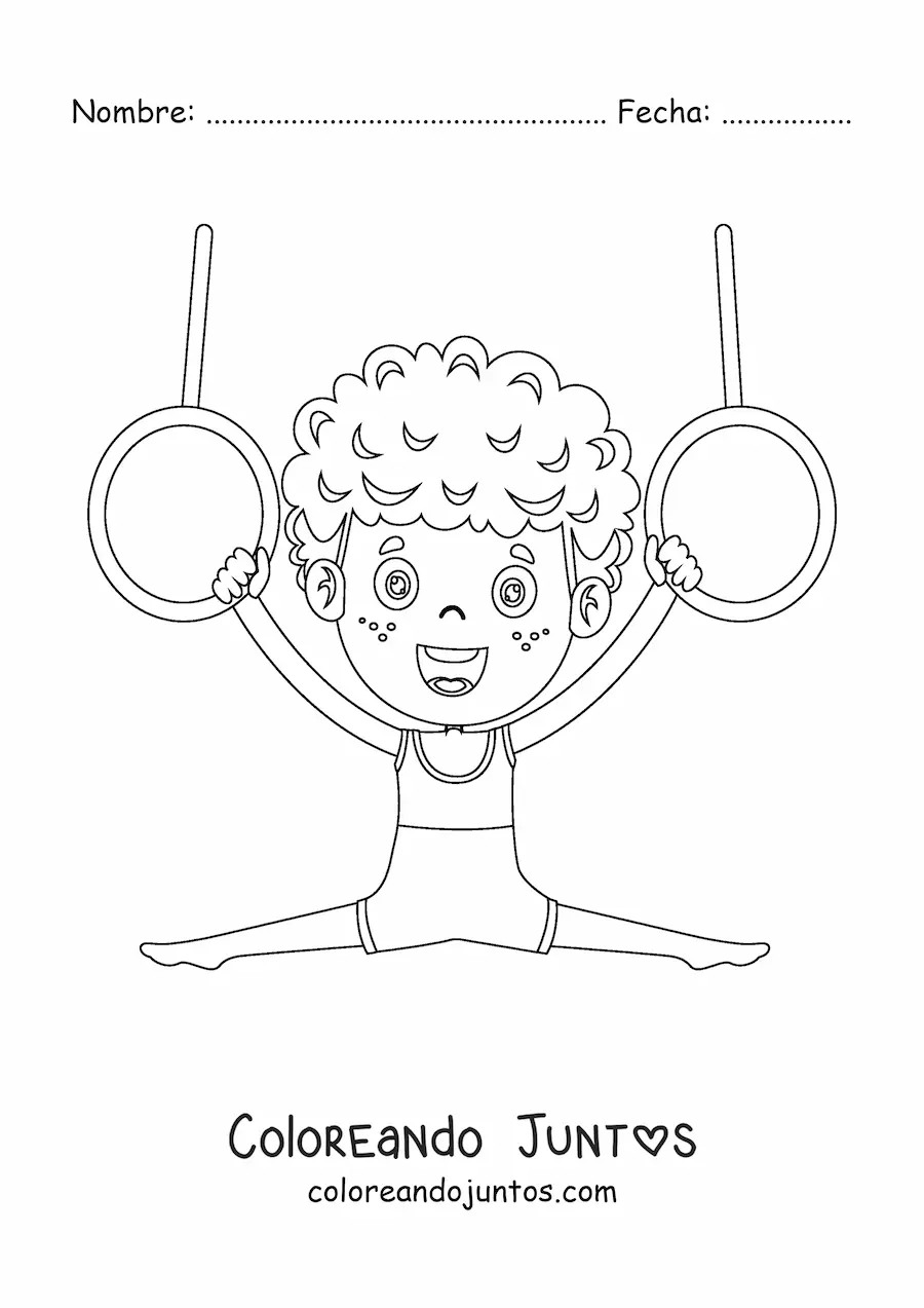 Imagen para colorear de un niño kawaii haciendo gimnasia en las anillas