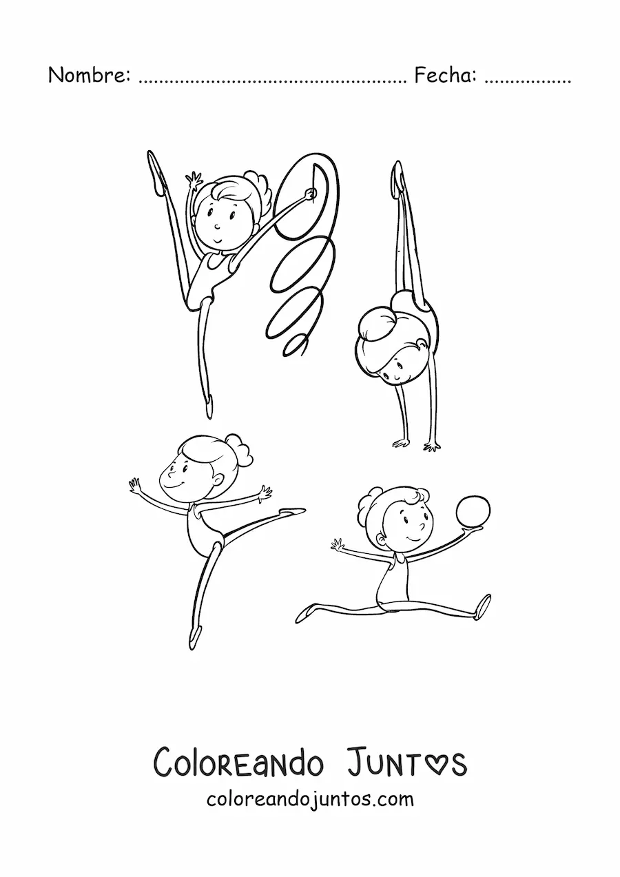 Imagen para colorear de varias niñas practicando gimnasia artística