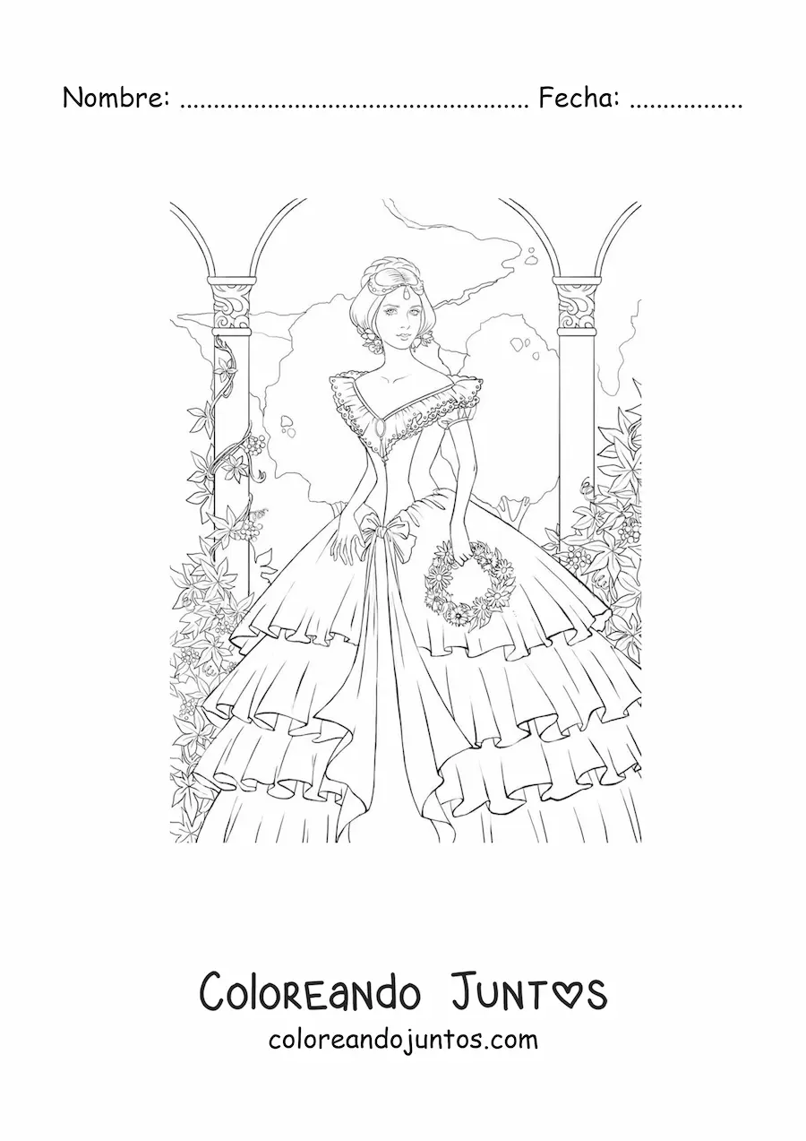 Imagen para colorear de una dama con un vestido