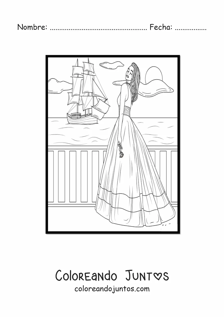 Imagen para colorear de una modelo con un vestido de verano