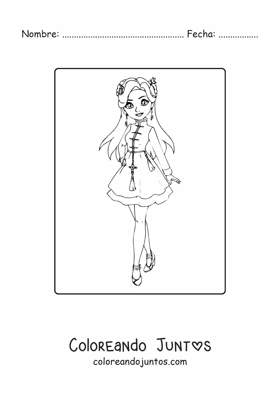 Imagen para colorear de una chica animada con un vestido de moda casual