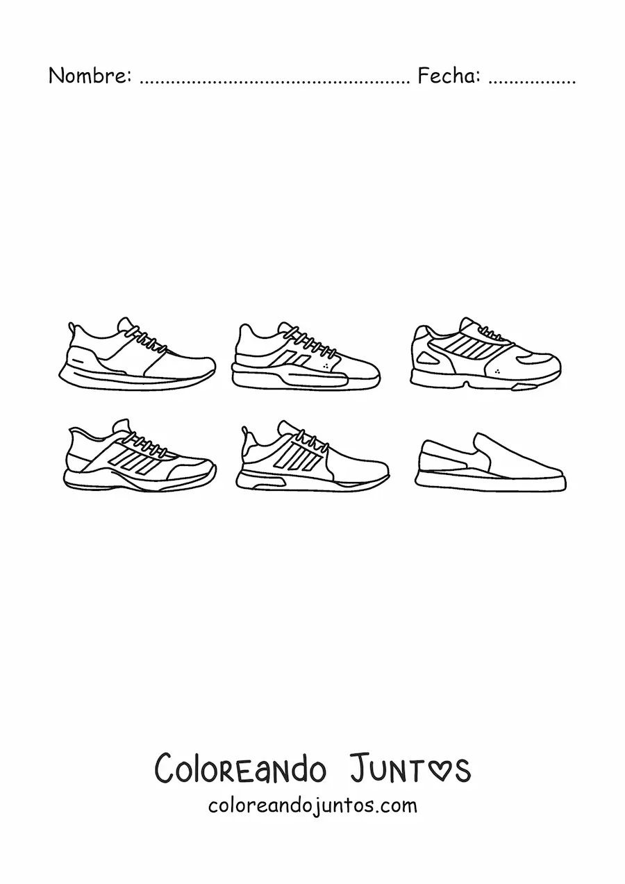 Imagen para colorear de seis zapatos deportivos variados