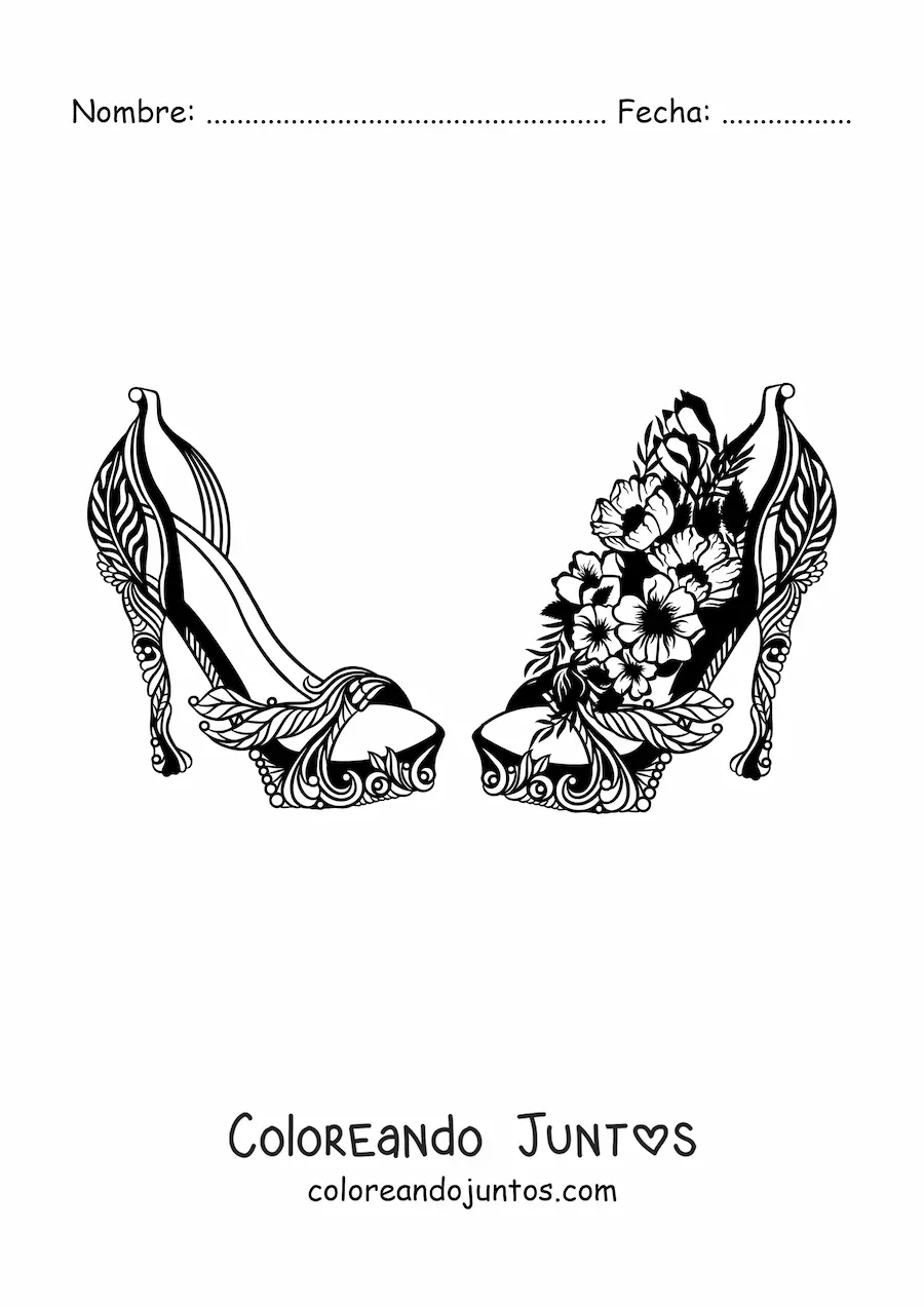 Imagen para colorear de un par de tacones decorados con flores